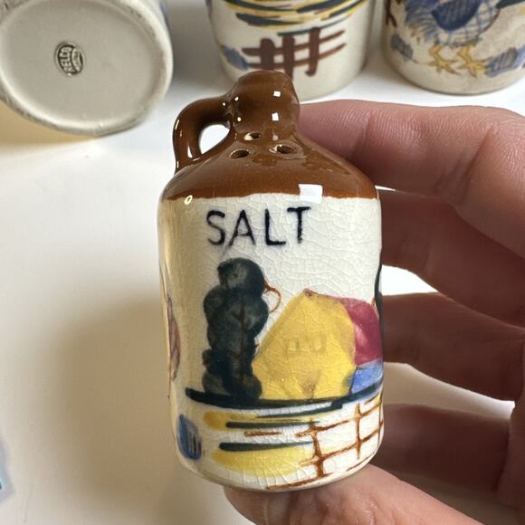 Vintage Relco Japan Vinegar/Oil Cruets Salt Pepper Hand painted Roosters/Barns - Picture 4 of 8